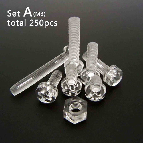 250pc Acrylic Clear Plastic M3 Round Pan Phillips Head Screw Bolt Nut Set Kit