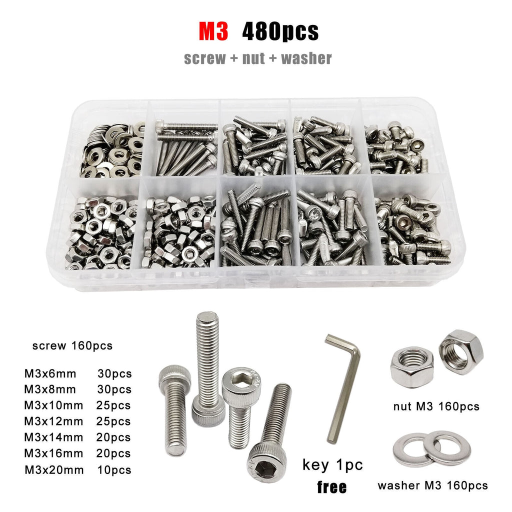 M3 SUS304 Allen Hexagon Hex Socket Cap Head Screw Bolt Nut Washer Set Kit