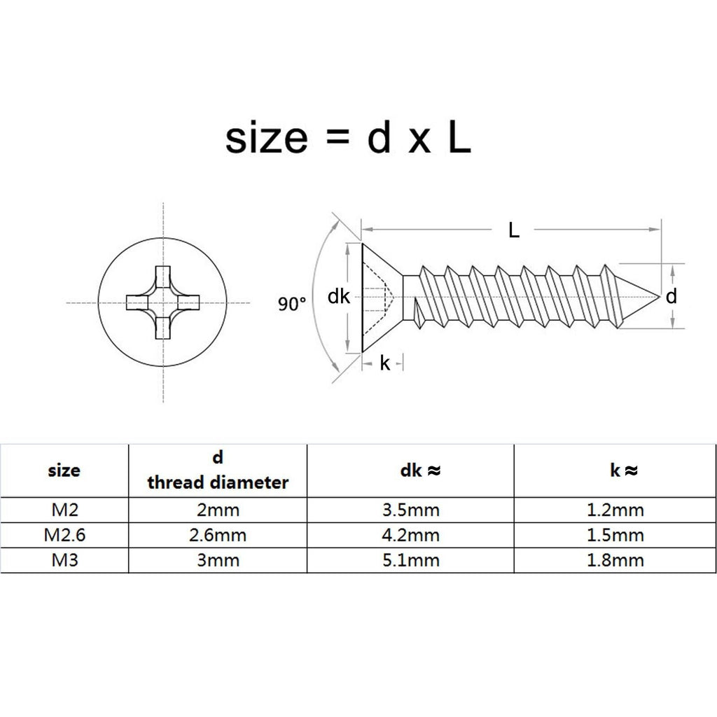 200pcs M2x5 Small Phillips Flat Countersunk Head Self Tapping Wood Screw