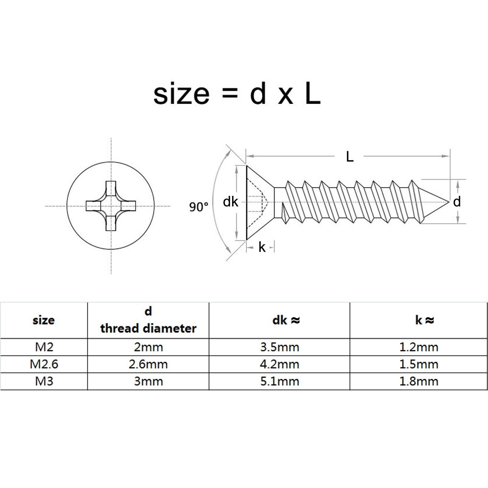 200pcs M2x5 Small Phillips Flat Countersunk Head Self Tapping Wood Screw