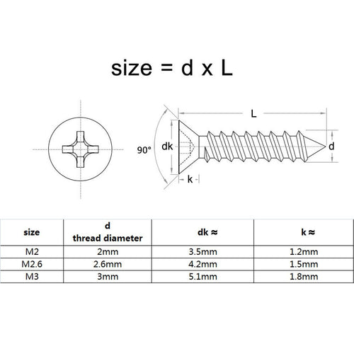 200pcs M2x5 Small Phillips Flat Countersunk Head Self Tapping Wood Screw