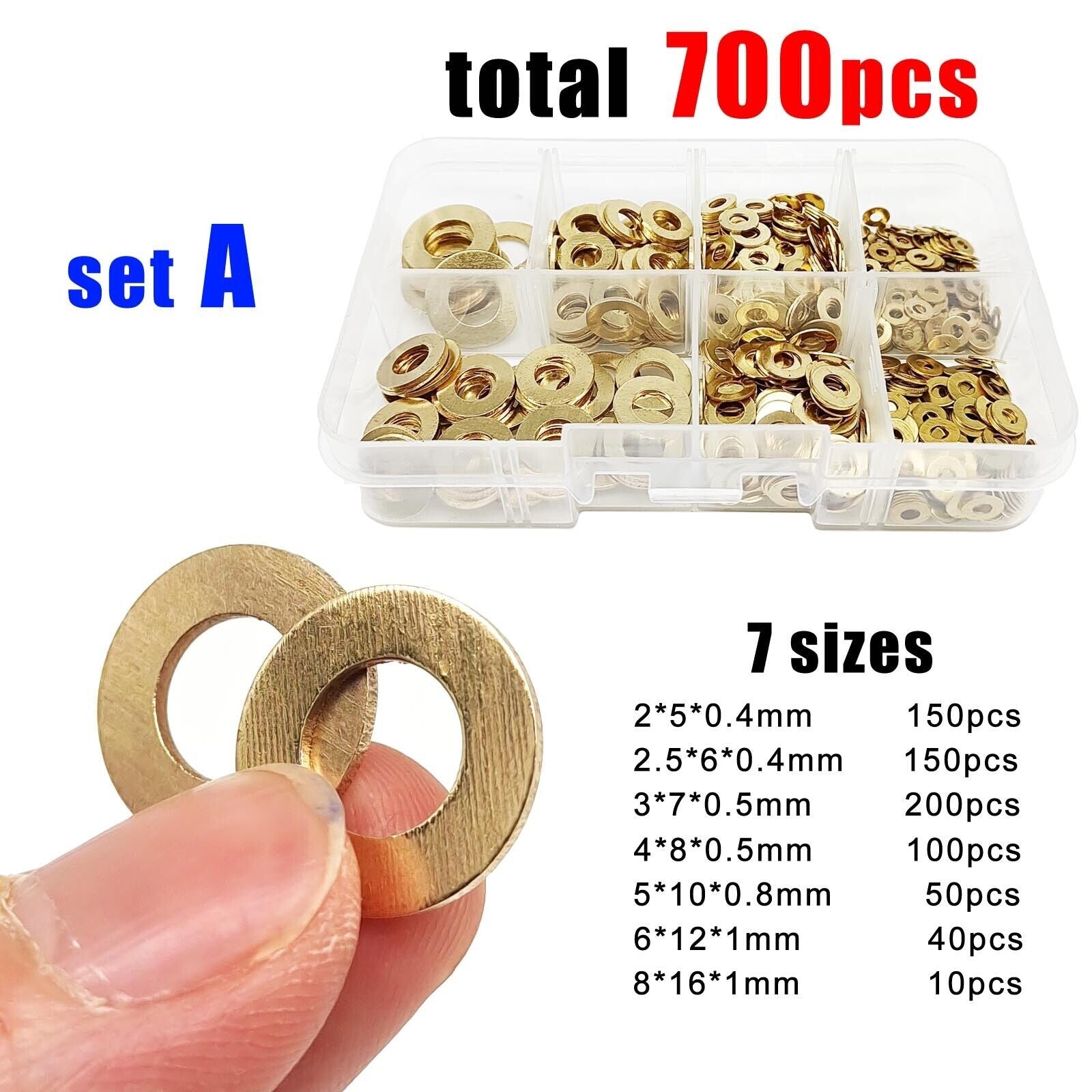 700pcs Mix M2-M8 GB97 Brass Copper Flat Washer Plain Gasket Pad Ring Set Kit