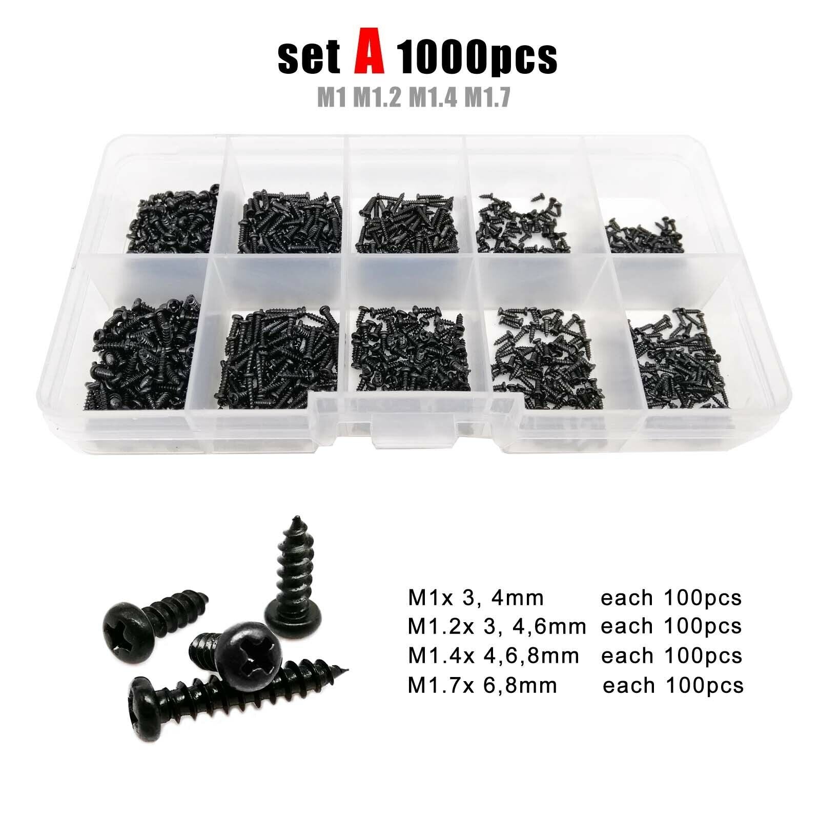 1000pcs M1-M1.7 Black Phillips Pan Round Head Self-tapping Wood Screw Set Kit