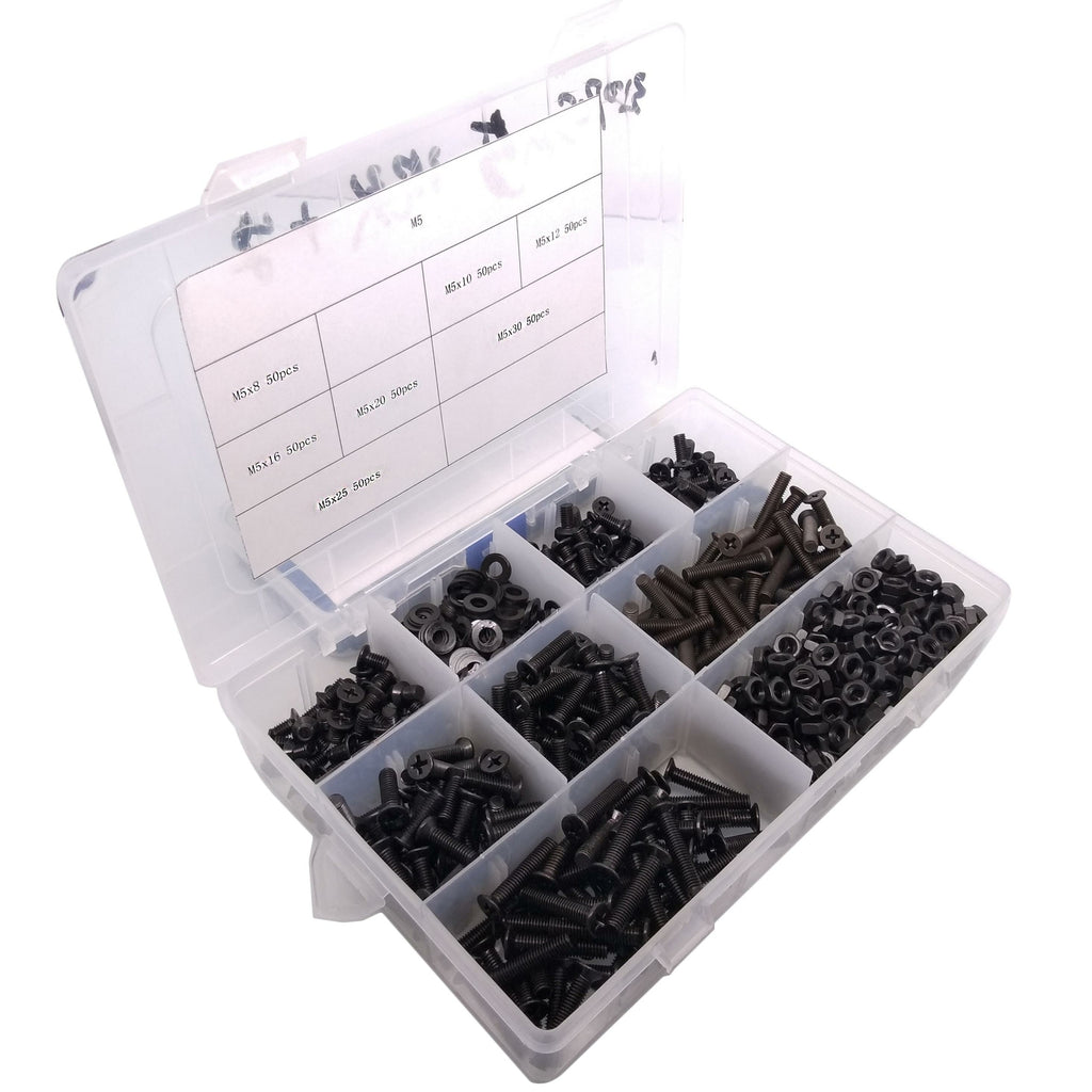 350pcs M5 Flat Head Black Screws with Nuts Washers Assortment Kit
