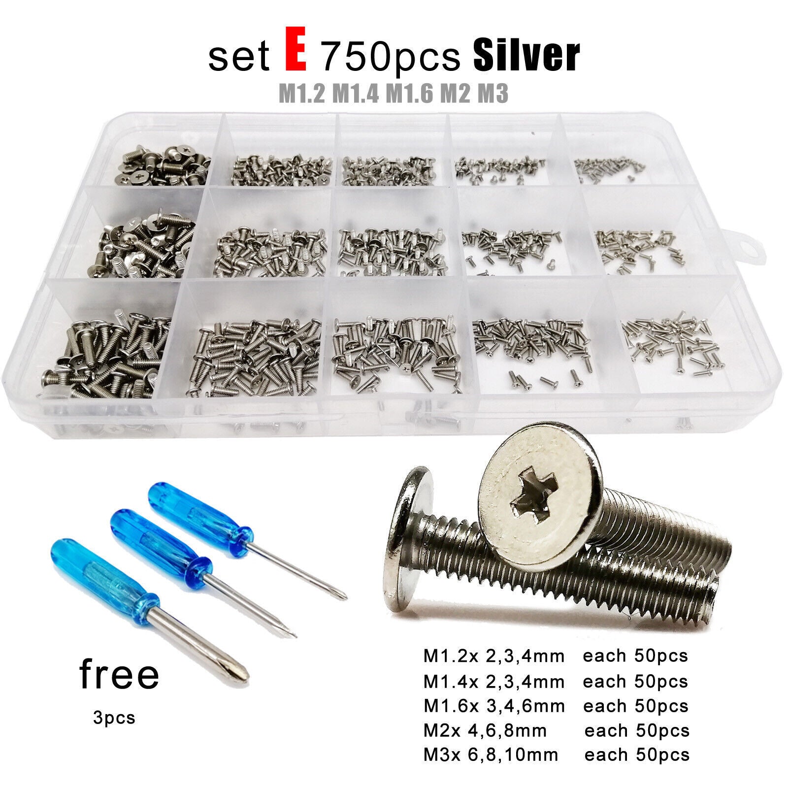 750pc M1.2-M3 Silver Mini Phillips Ultra Thin Flat Wafer Head Screw Bolt Set Kit