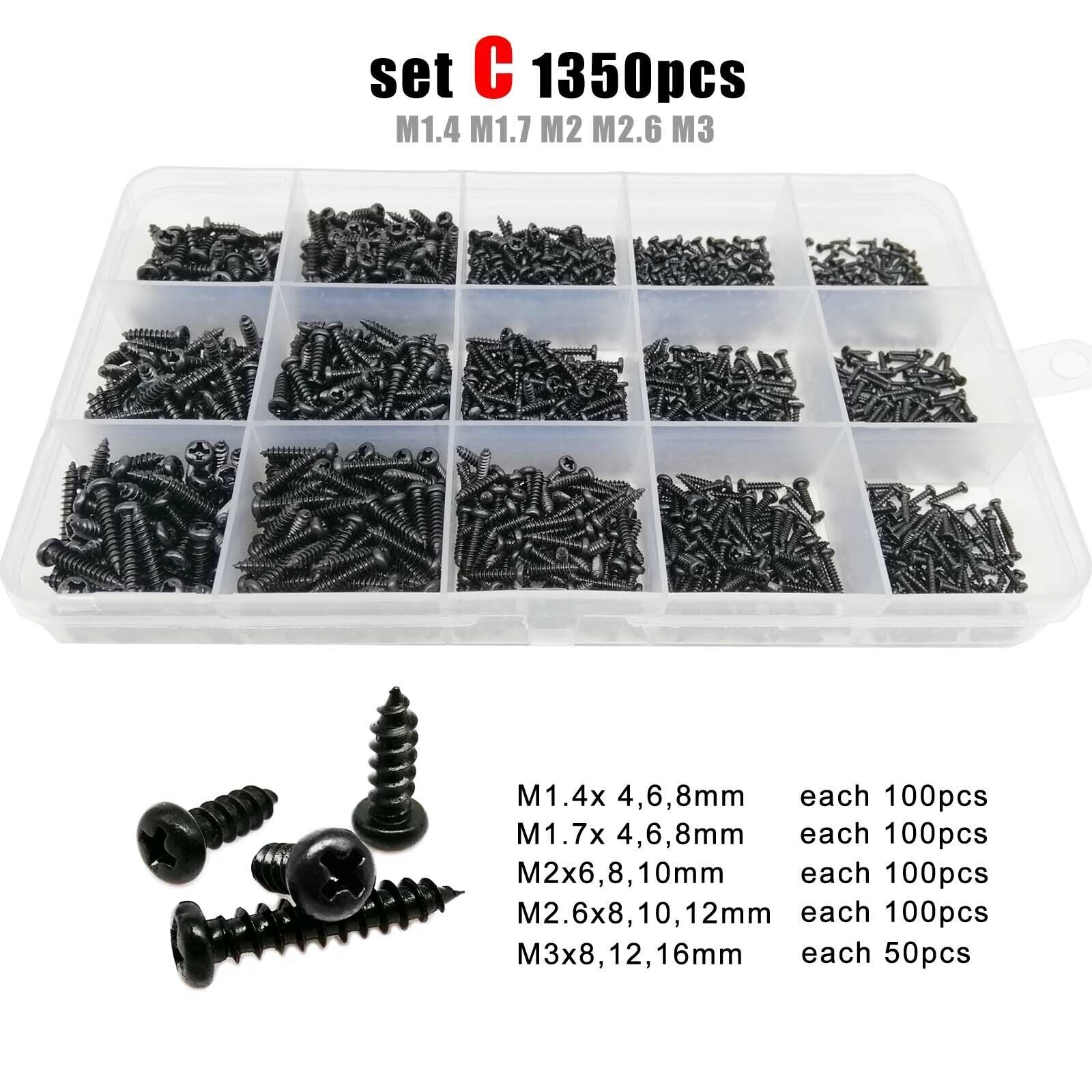 1350pcs M1.4-M3 Black Phillips Pan Round Head Self-tapping Wood Screw Set Kit