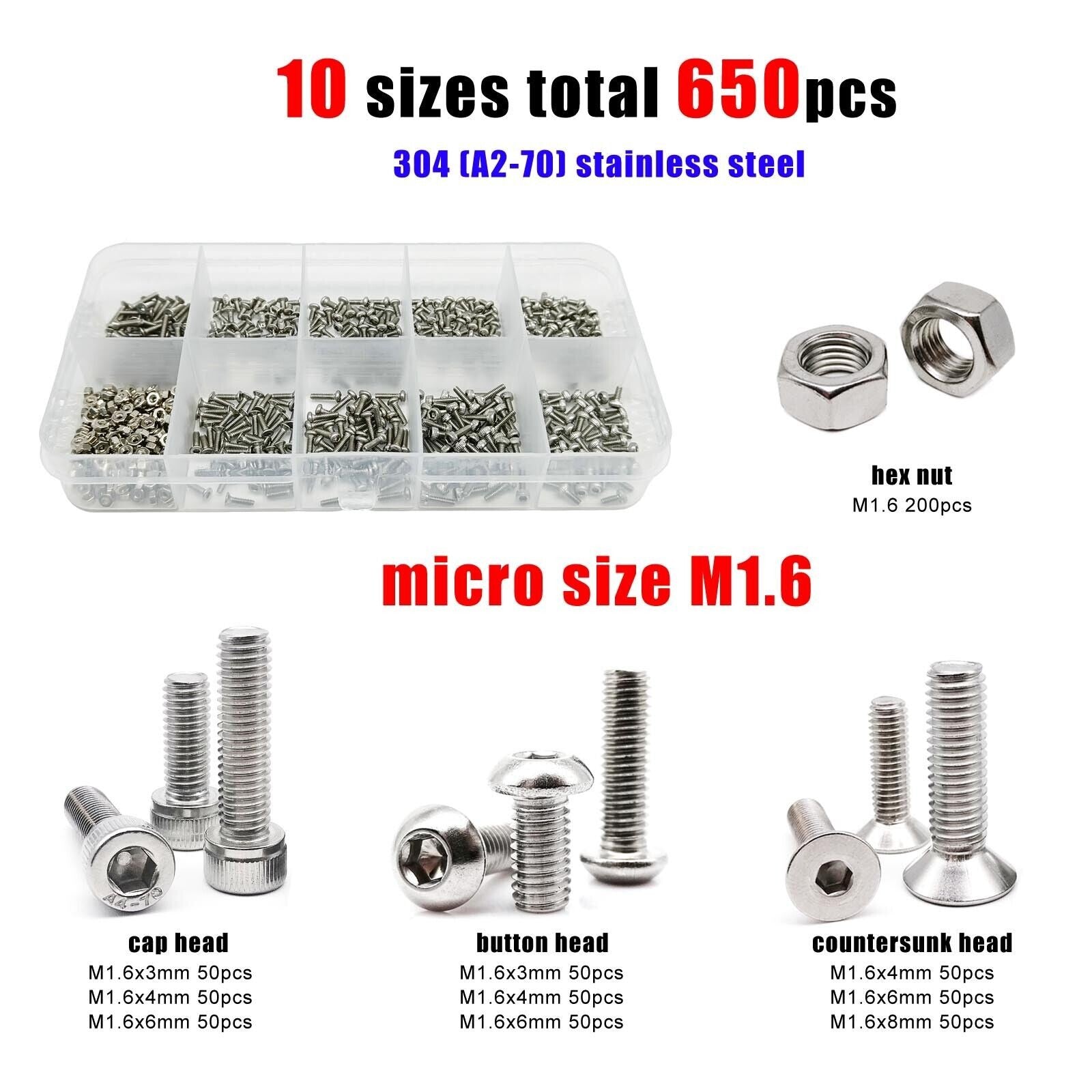 650x Small M1.6 Allen Hex Socket Head Cap Button Countersunk Screw Bolt Nut Kit