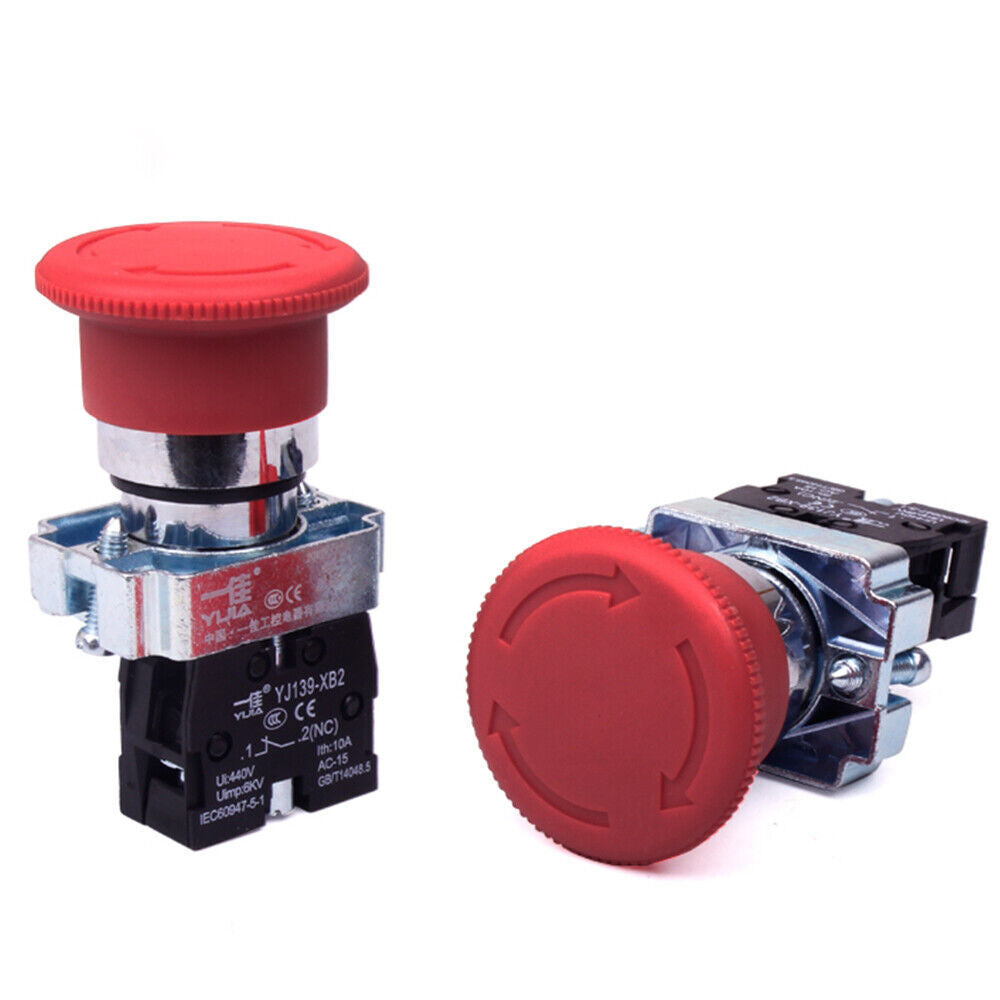 2x Red Mushroom Head 22mm E-STOP Emergency Stop Push Button Switch 1NO 1NC XB2