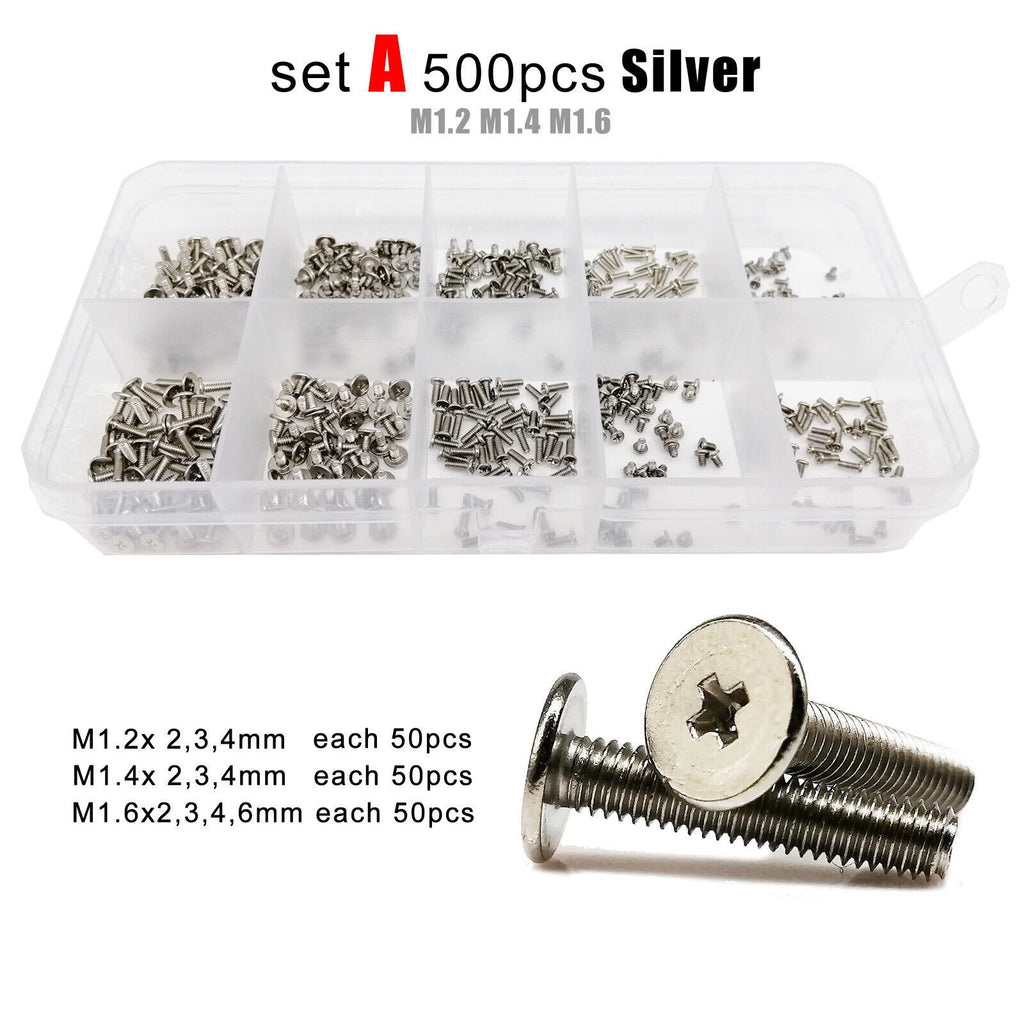 500X M1.2M1.4M1.6 Silver Mini Phillips Ultra Thin Flat Wafer Head Screw Bolt Set