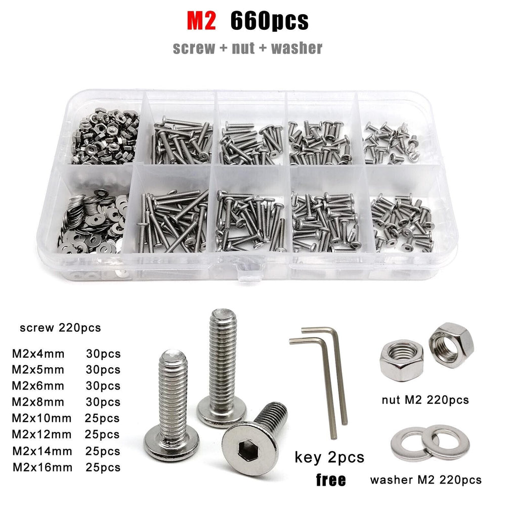 660pcs M2 Hexagon Hex Socket Ultra Thin Head Screw Bolt Set 304 Stainless Steel
