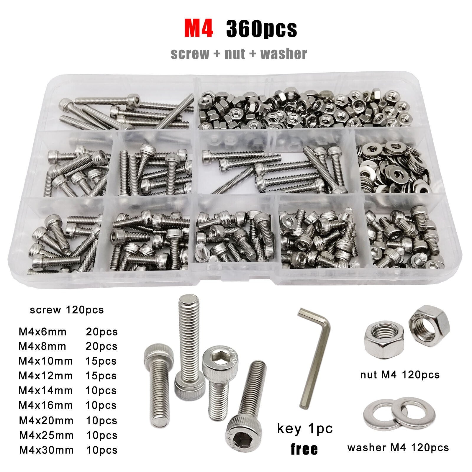 M4 SUS304 Allen Hexagon Hex Socket Cap Head Screw Bolt Nut Washer Set Kit