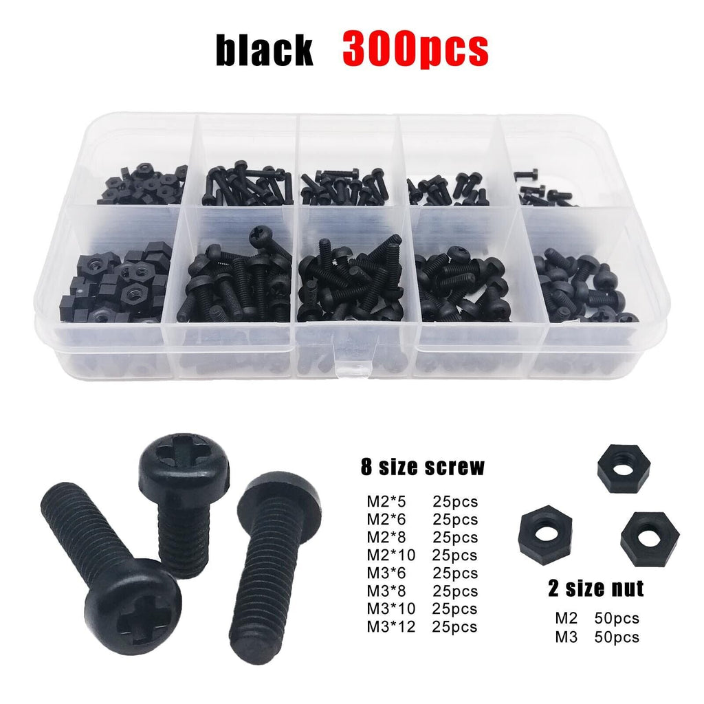 300pcs M2 M3 Black Nylon Plastic Phillips Pan Round Head Screw Bolt Nut Set Kit