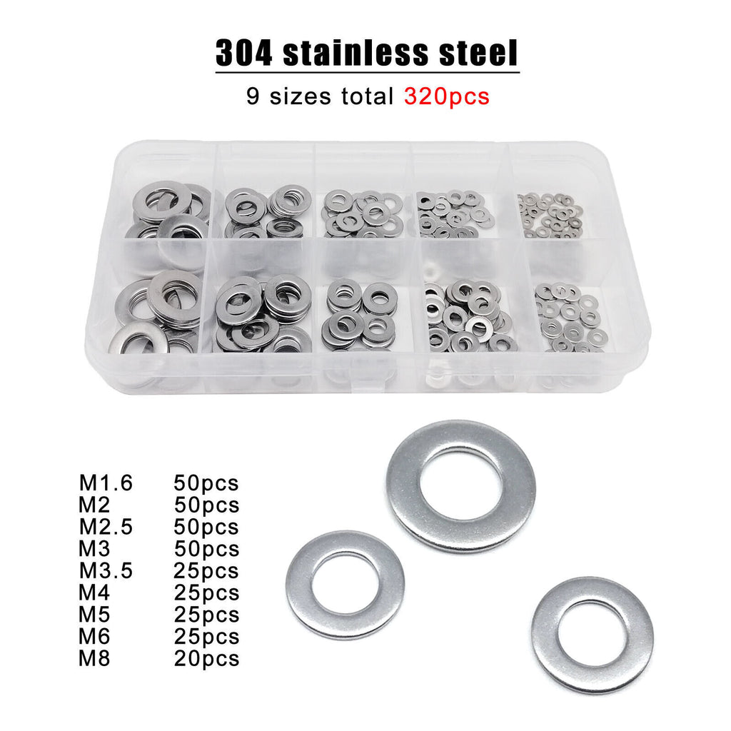 320pcs M1.6-M8 DIN912 GB97 304 Flat Washer Assortment Plain Gasket Ring Pad Set