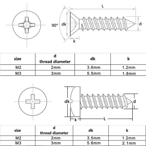 250pcs M3 Set Kit Phillips Pan Round Head Self Tapping Wood Screw 304SS