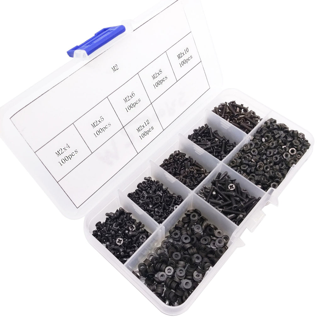 600pcs M2 Flat Head Black Screws with Nuts Washers Assortment Kit