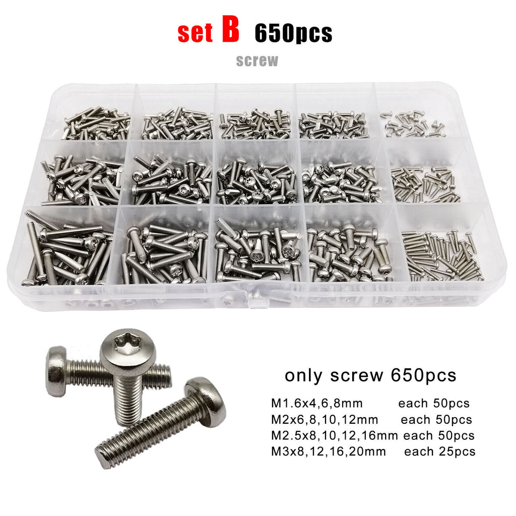650pcs M1.6-M3 304 A2 Stainless Steel Torx Pan Round Head Screw Bolt Nut Set Kit