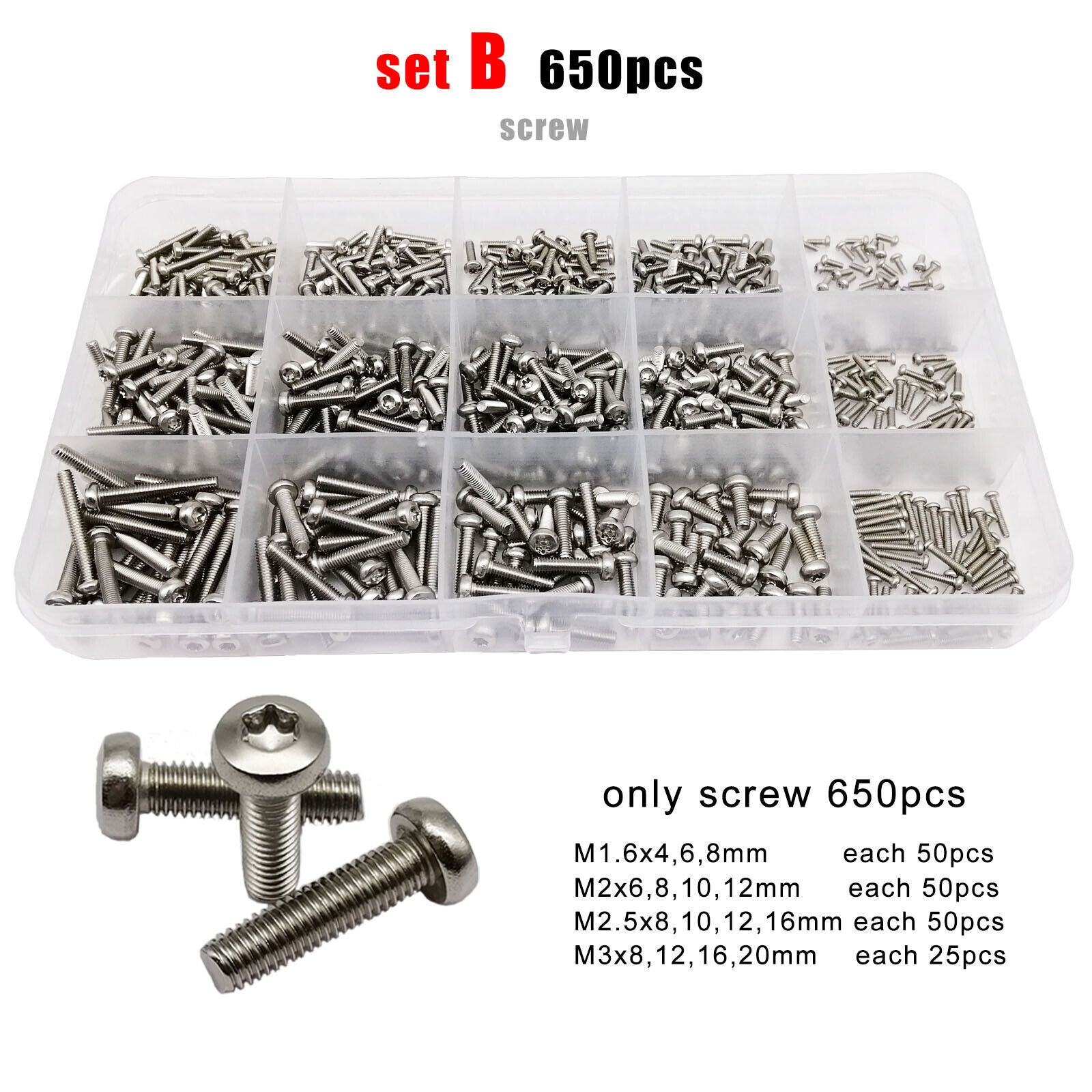 650pcs M1.6-M3 304 A2 Stainless Steel Torx Pan Round Head Screw Bolt Nut Set Kit