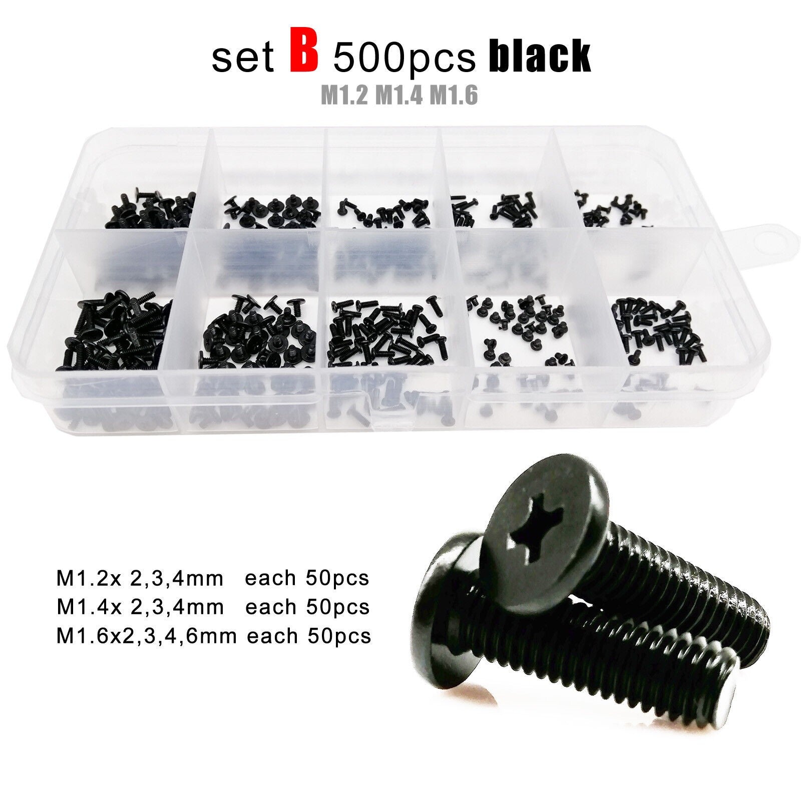 500pc M1.2M1.4M1.6 Black Mini Phillips Ultra Thin Flat Wafer Head Screw Bolt Set