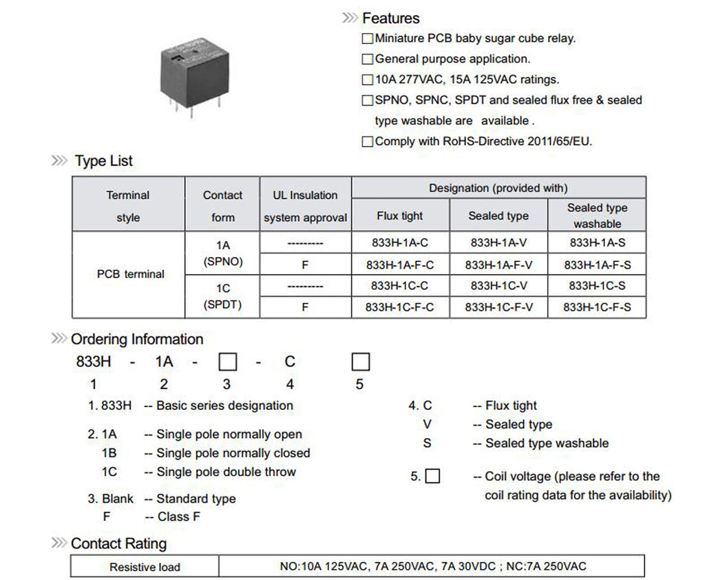 US Stock 2pcs 833H-1C-C 24V DC 10A Relay