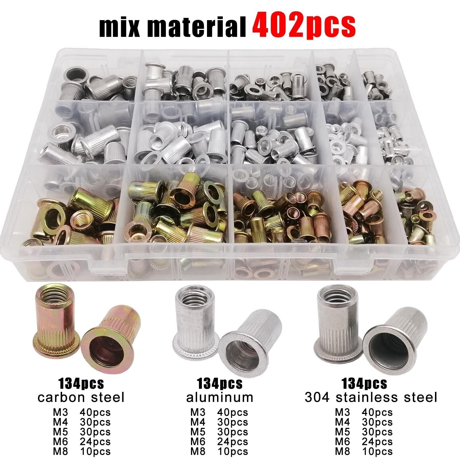 402pcs M3M4M5M6M8 Mix Size Flat Head Rivet Nut Insert Rivnut Assortment Set Kit