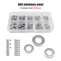 320pcs M1.6-M8 DIN912 GB97 304 Flat Washer Assortment Plain Gasket Ring Pad Set