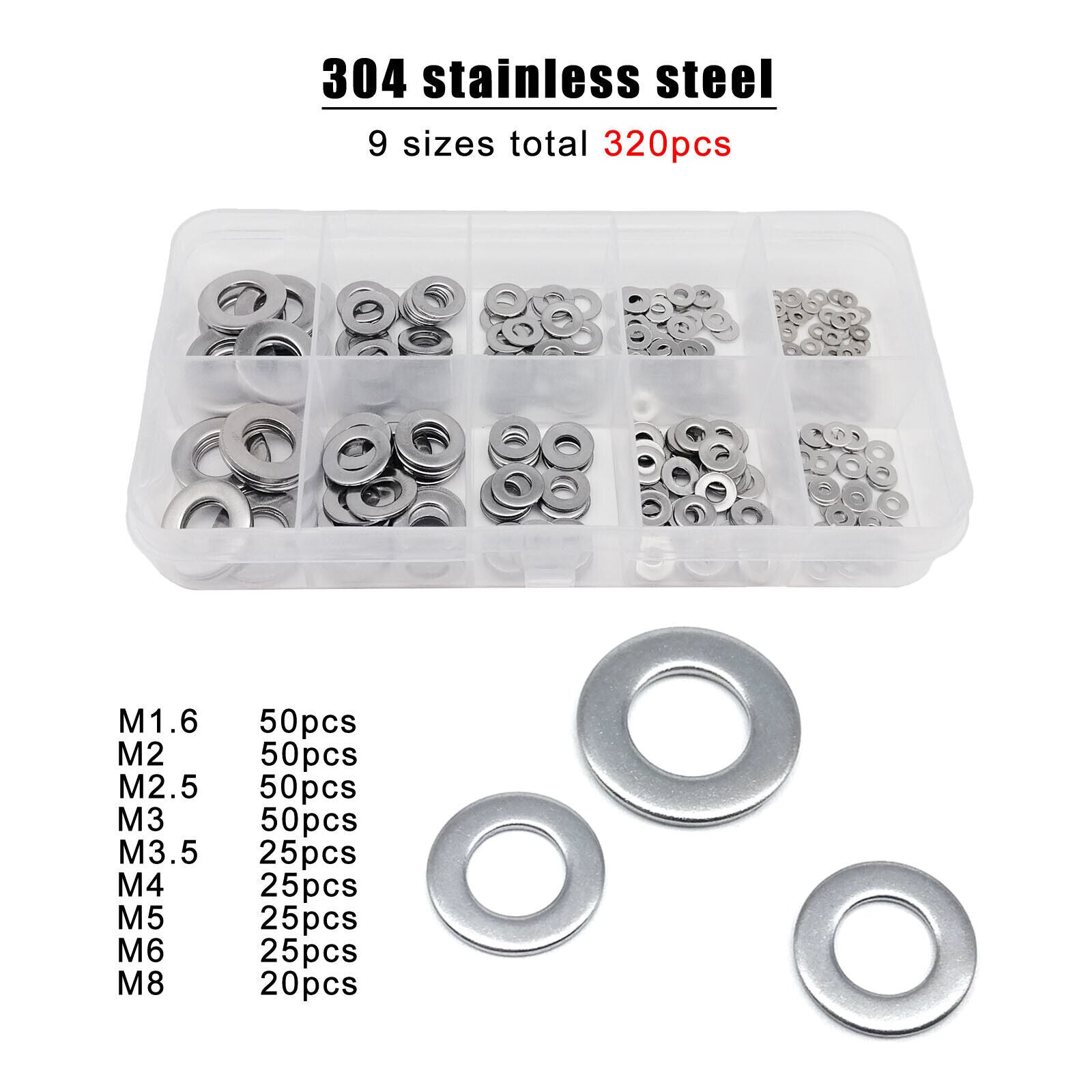 320pcs M1.6-M8 DIN912 GB97 304 Flat Washer Assortment Plain Gasket Ring Pad Set