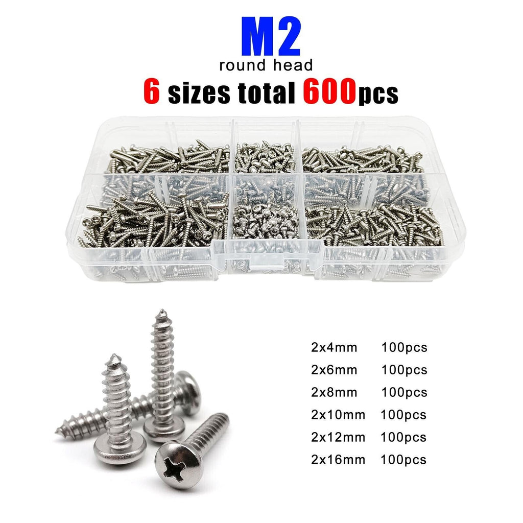 600pcs M2 Set Kit Phillips Pan Round Head Self Tapping Wood Screw 304SS