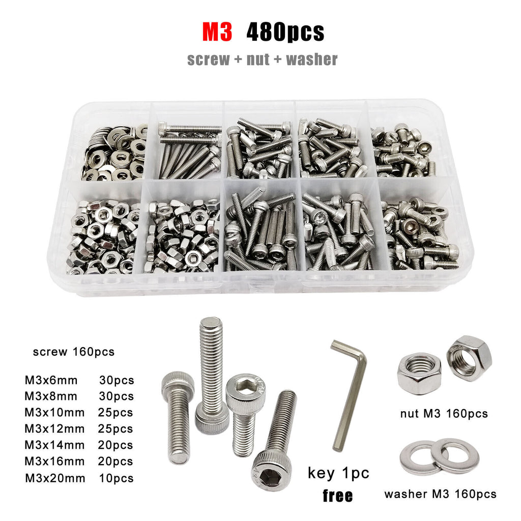 M3 SUS304 Allen Hexagon Hex Socket Cap Head Screw Bolt Nut Washer Set Kit