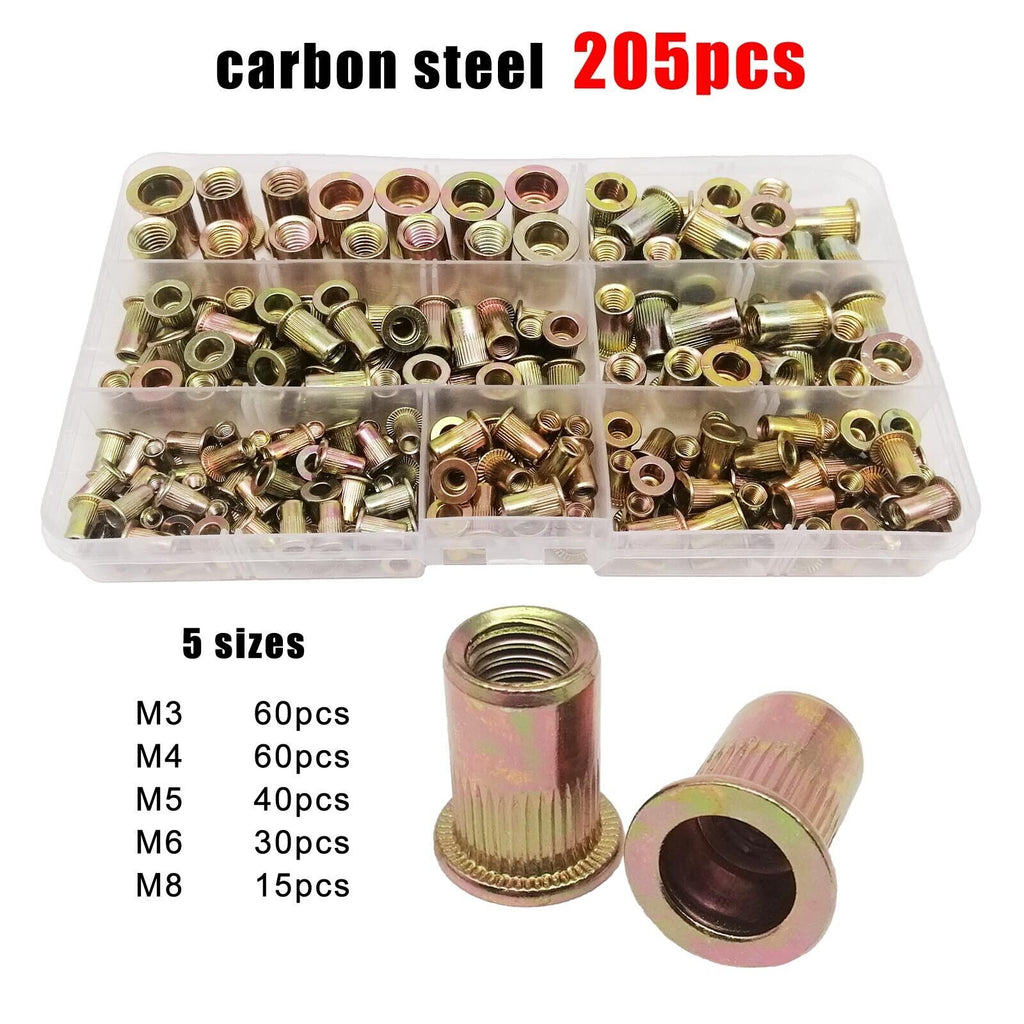205pcs M3M4M5M6M8 Carbon Steel Flat Head Rivet Nut Insert Rivnut Assortment Set