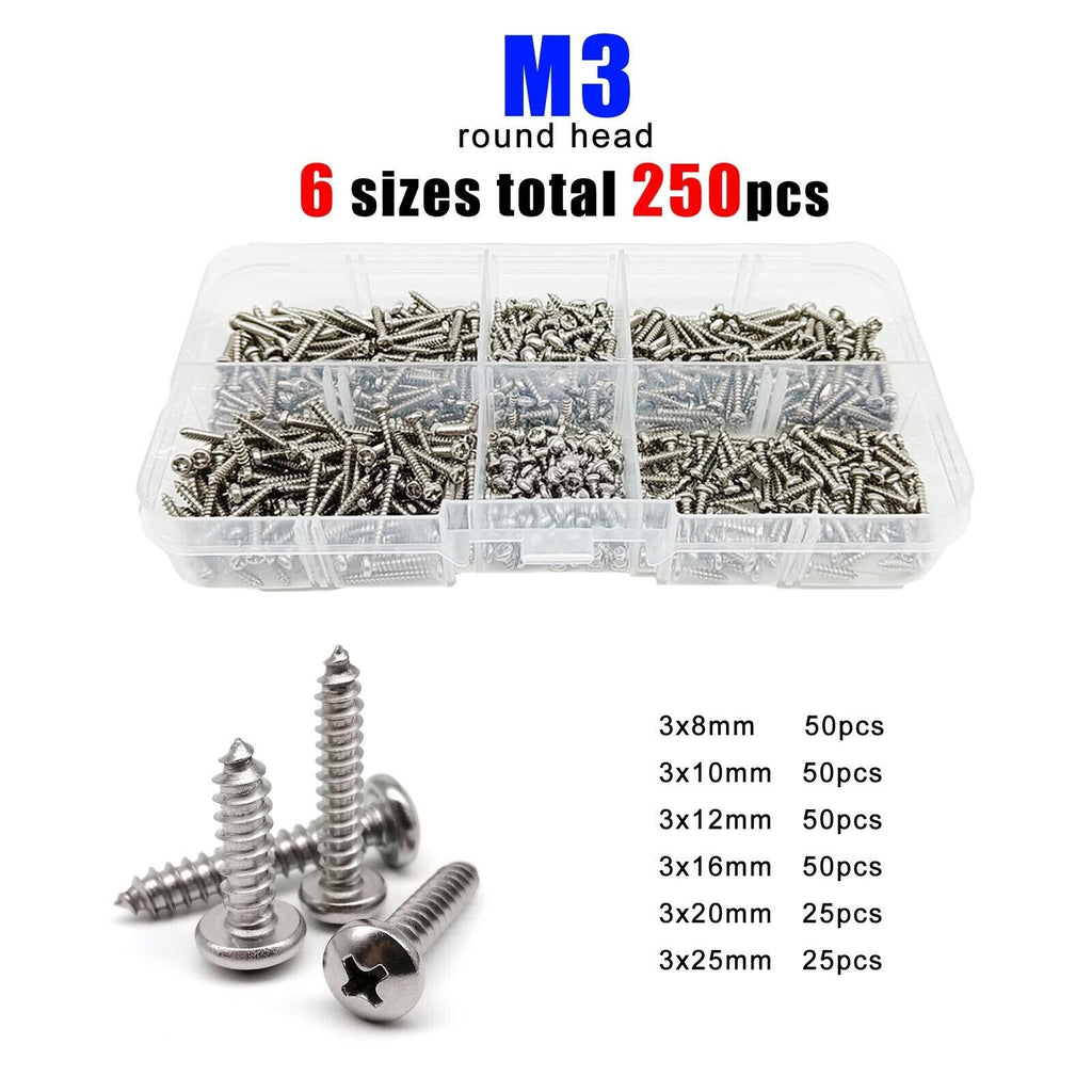 250pcs M3 Set Kit Phillips Pan Round Head Self Tapping Wood Screw 304SS