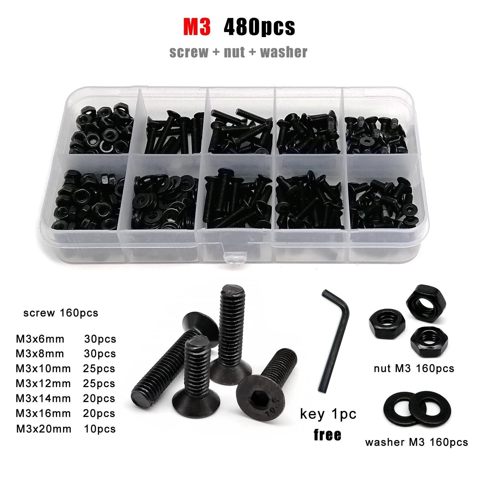 M3 Hexagon Hex Socket Flat Countersunk Head Screw Bolt Set grade 10.9 Steel