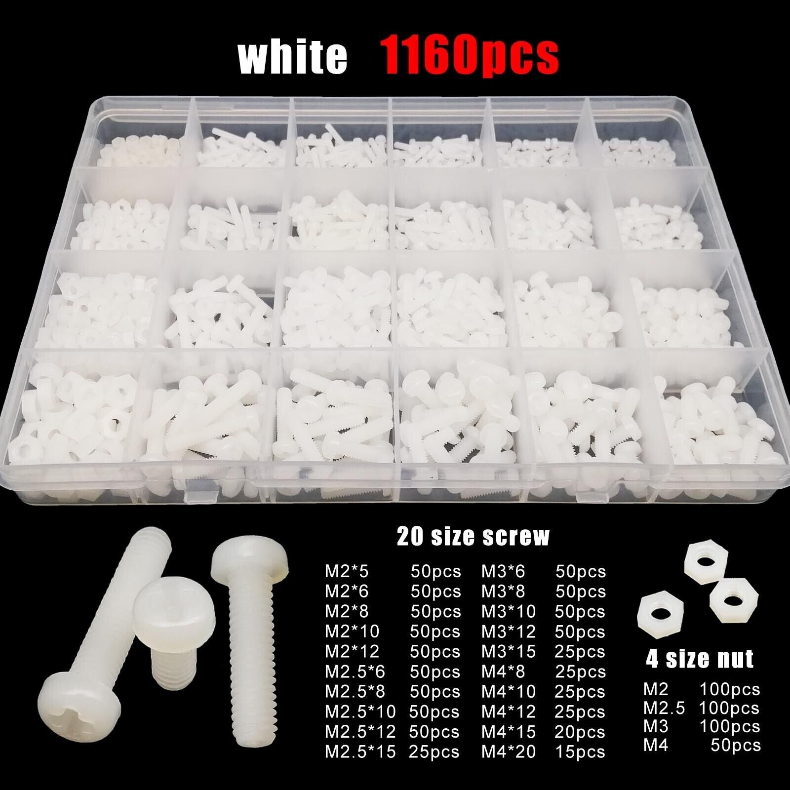 1160x  M2M2.5M3M4 White Nylon Plastic Phillips Pan Round Head Screw Bolt Nut Set