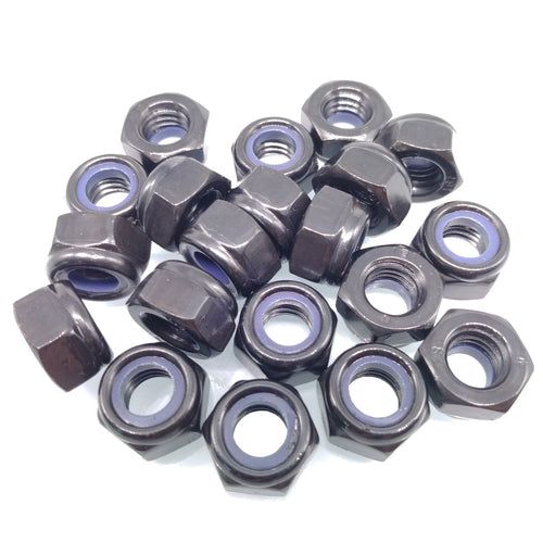 200x M8 x 1.25mm Self-Locking Nylon Insert Hex Nuts Black Carbon Steel
