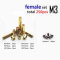 250pc Solid Brass M3 Hex Column Standoff  Spacer Screw Nut Assortment Kit PCB #3