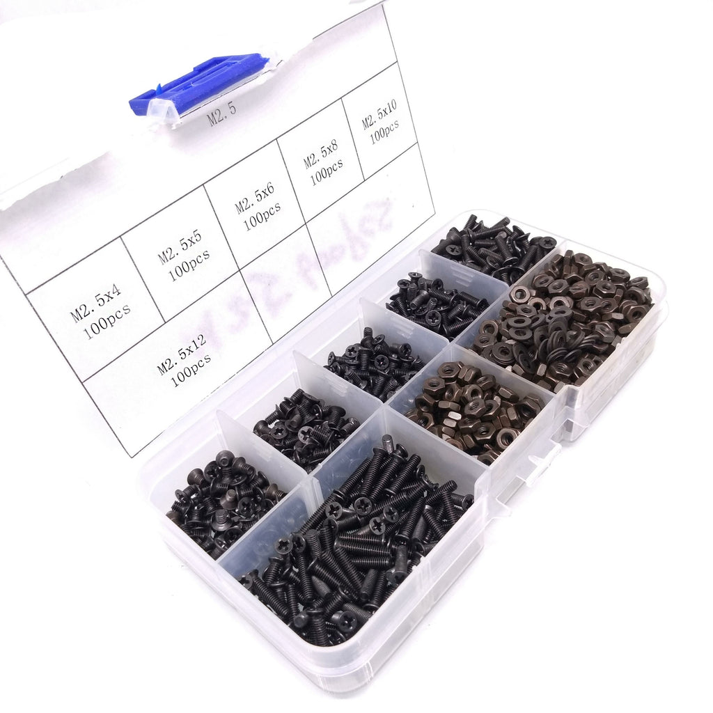 600pcs M2.5 Flat Head Black Screws with Nuts Washers Assortment Kit