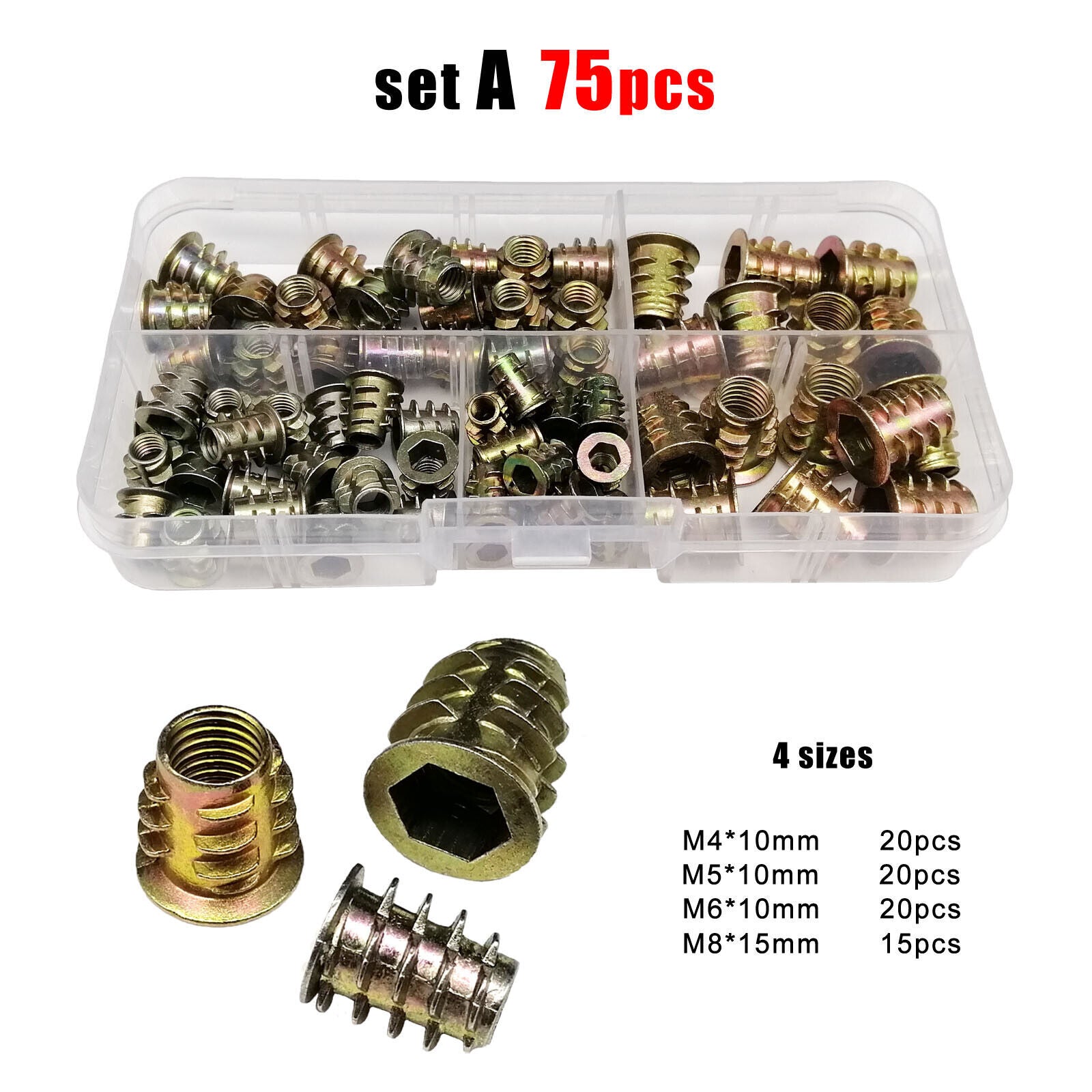 75pcs M4-M8 Hexagon Hex Socket Head Wood Furniture Embedded Insert Nut Set Kit