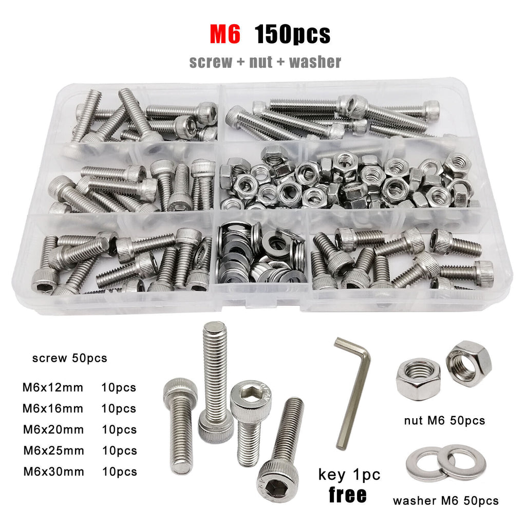 M6 SUS304 Allen Hexagon Hex Socket Cap Head Screw Bolt Nut Washer Set Kit