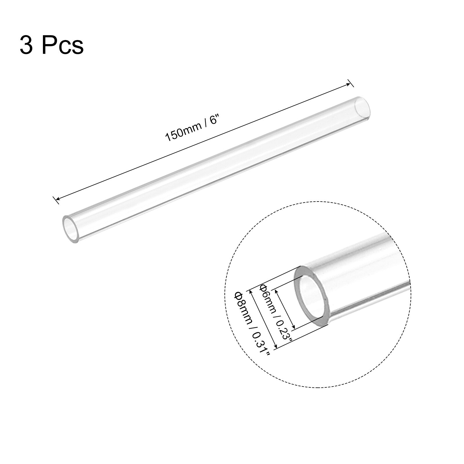 3pcs Plastic Pipe Rigid Tube Clear 0.23"(6mm) ID 0.31"(8mm) OD 6" (150mm) Length