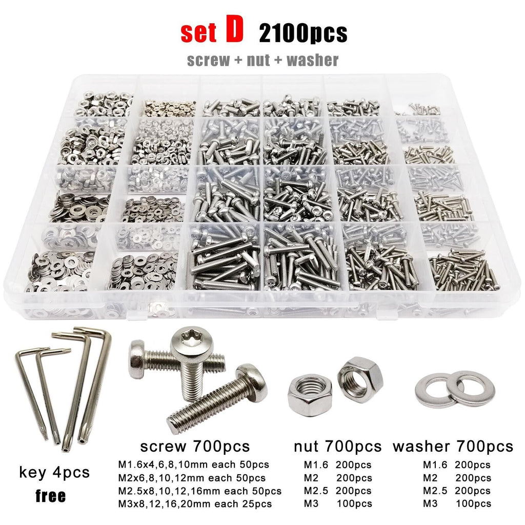 2100pcs M1.6-M3 304 Stainless Steel Torx Pan Round Head Screw Bolt Nut Set Kit