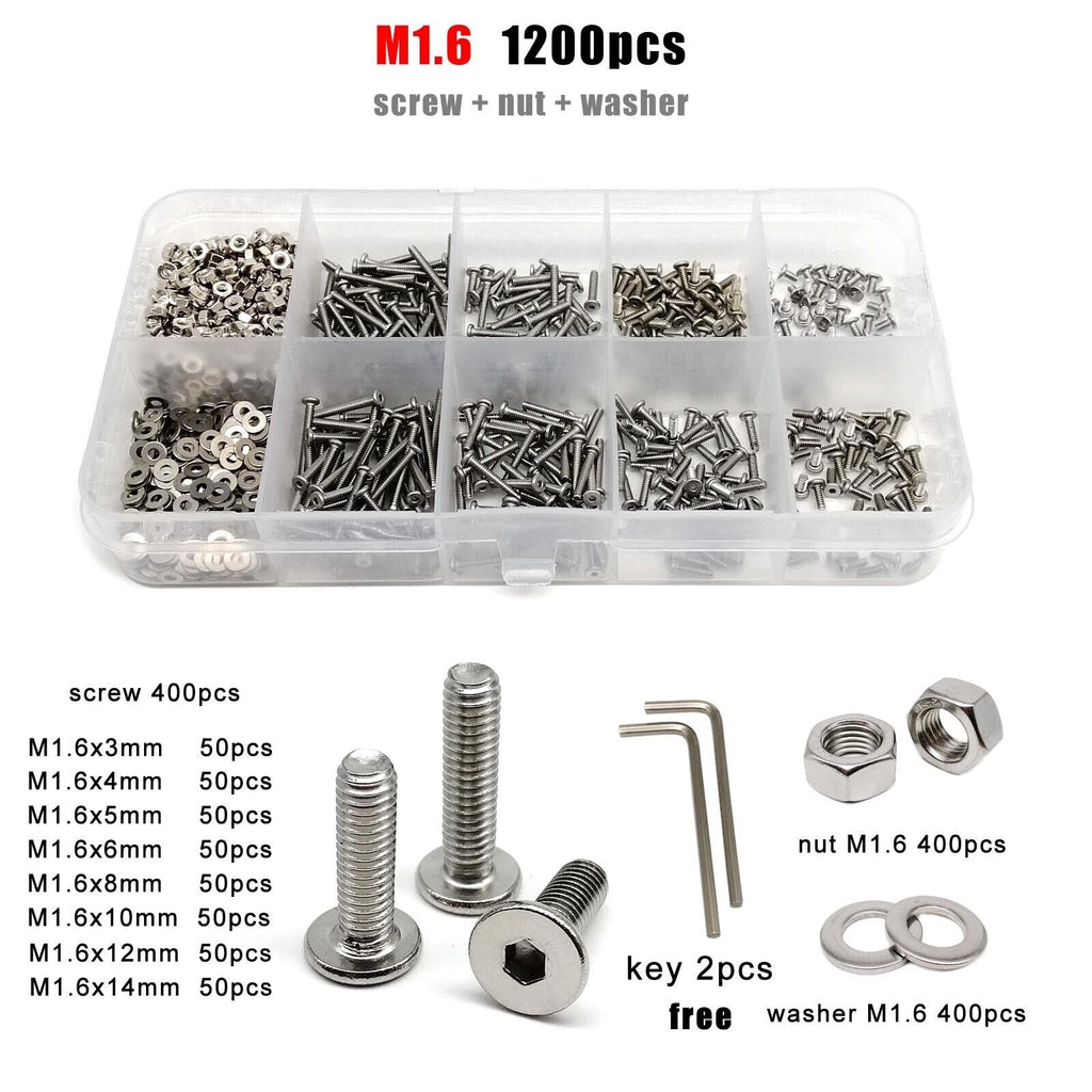 1200pcs M1.6 Hexagon Hex Socket Ultra Thin Head Screw Bolt Set 304SS
