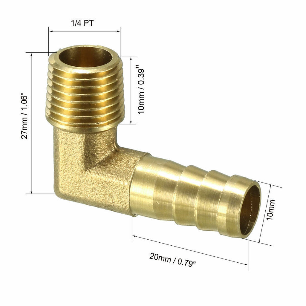 Brass Barb Hose Fitting 90 Degree Elbow 10mm Barbed x 1/4 PT Male Pipe