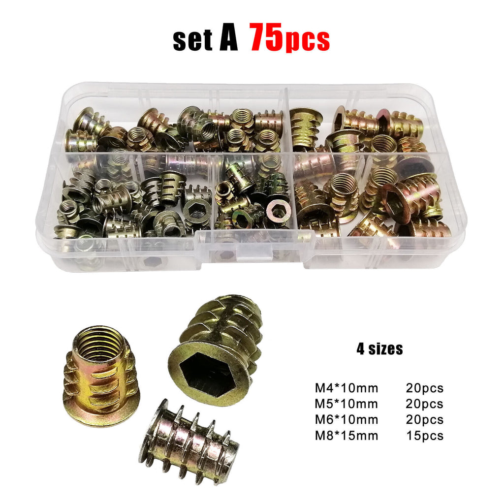 75pcs M4-M8 Hexagon Hex Socket Head Wood Furniture Embedded Insert Nut Set Kit