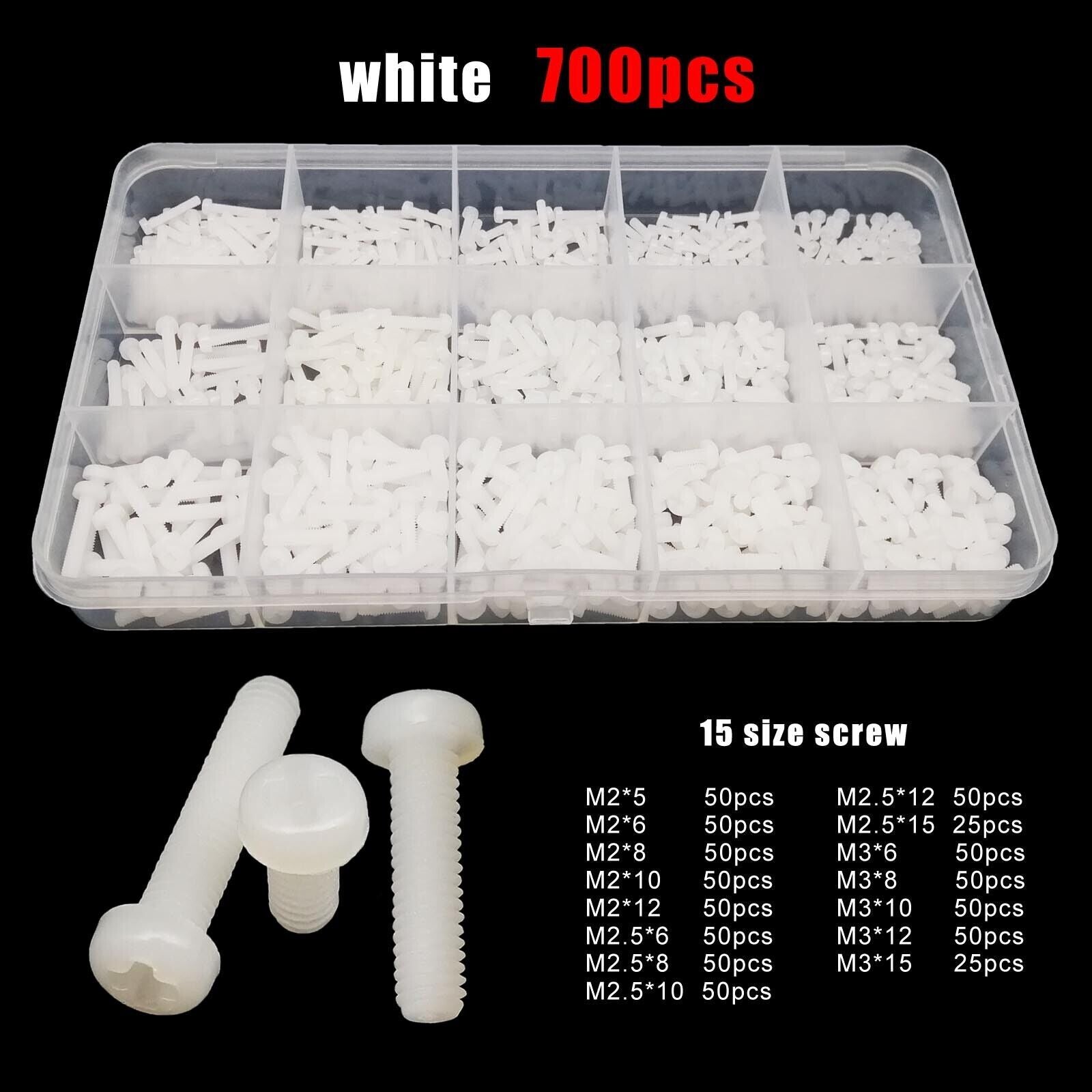 700x M2M2.5M3 White Nylon Plastic Phillips Pan Round Head Screw Bolt Nut Set Kit