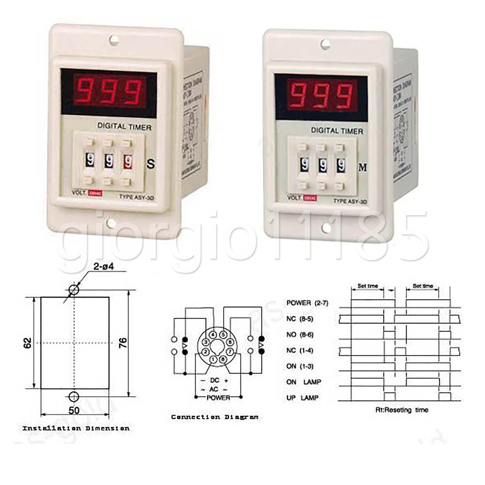 US Stock ASY-3D 1-999m AC110V Power On Delay Timer Digital Time Relay 8P W/ Base