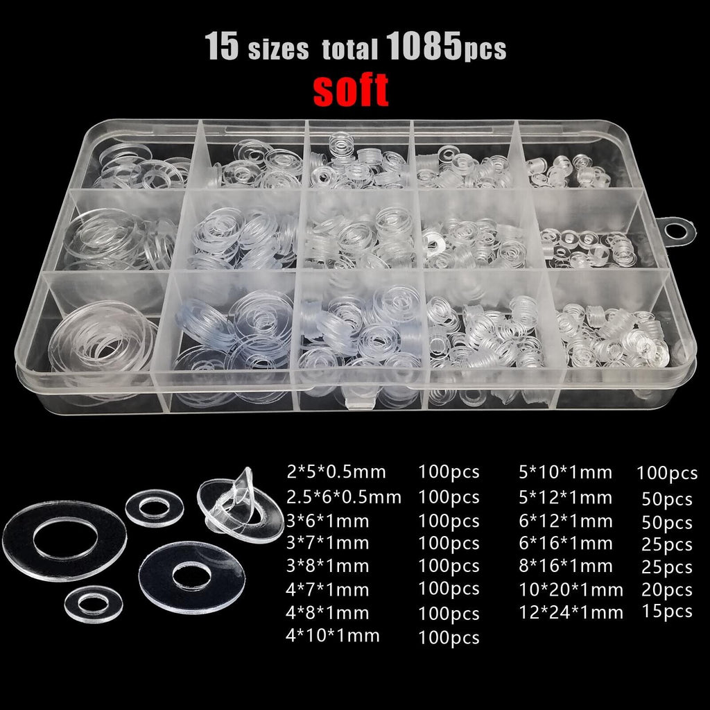 1085pc M2-M12 Soft PVC Plastic Transparent Flat Washer Insulation Gasket Kit Set