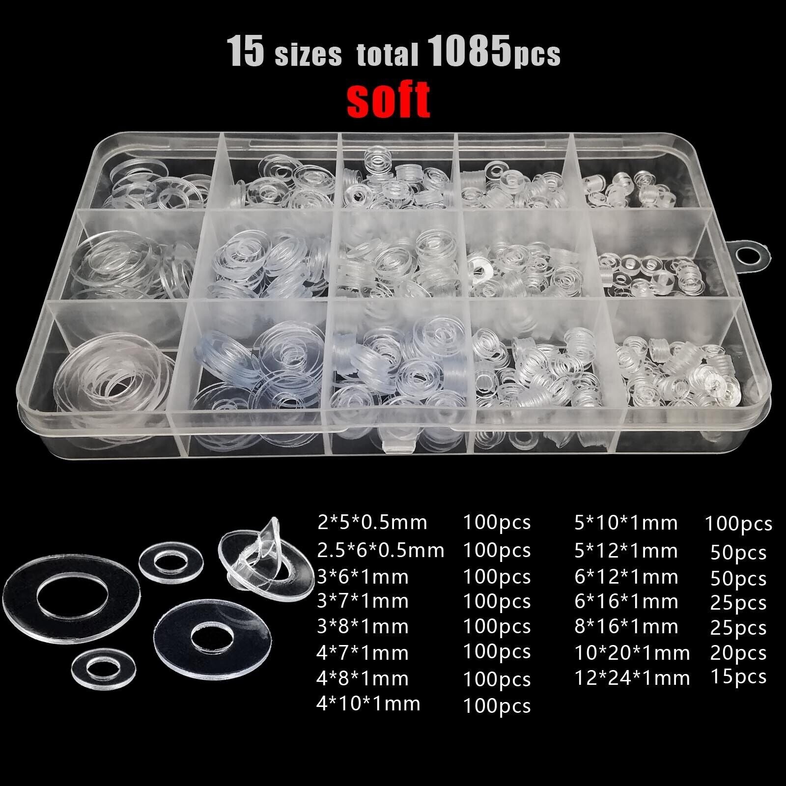 1085pc M2-M12 Soft PVC Plastic Transparent Flat Washer Insulation Gasket Kit Set