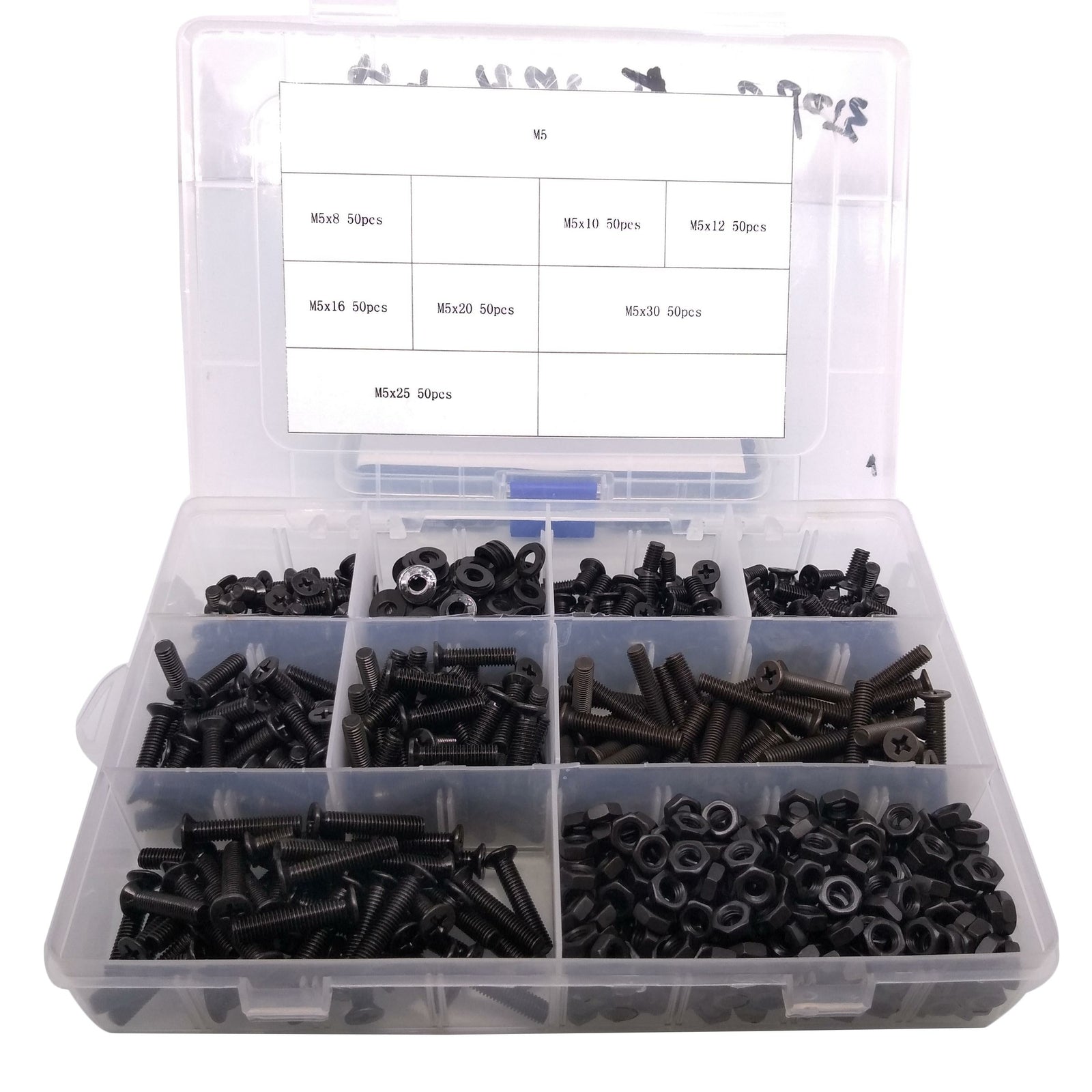350pcs M5 Flat Head Black Screws with Nuts Washers Assortment Kit
