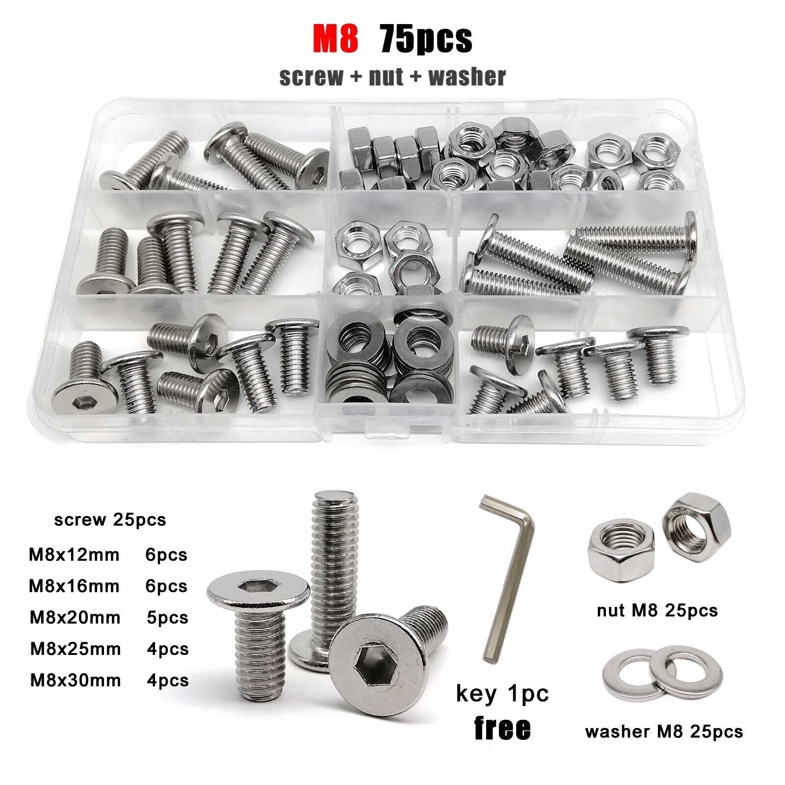75pcs M8 Hexagon Hex Socket Ultra Thin Head Screw Bolt Set 304 Stainless Steel