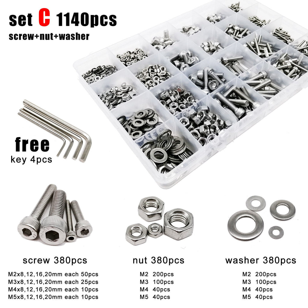 1140pcs M2-M5 SS304 Hexagon Hex Socket Allen Cap Head Screw Bolt Nut Set Kit