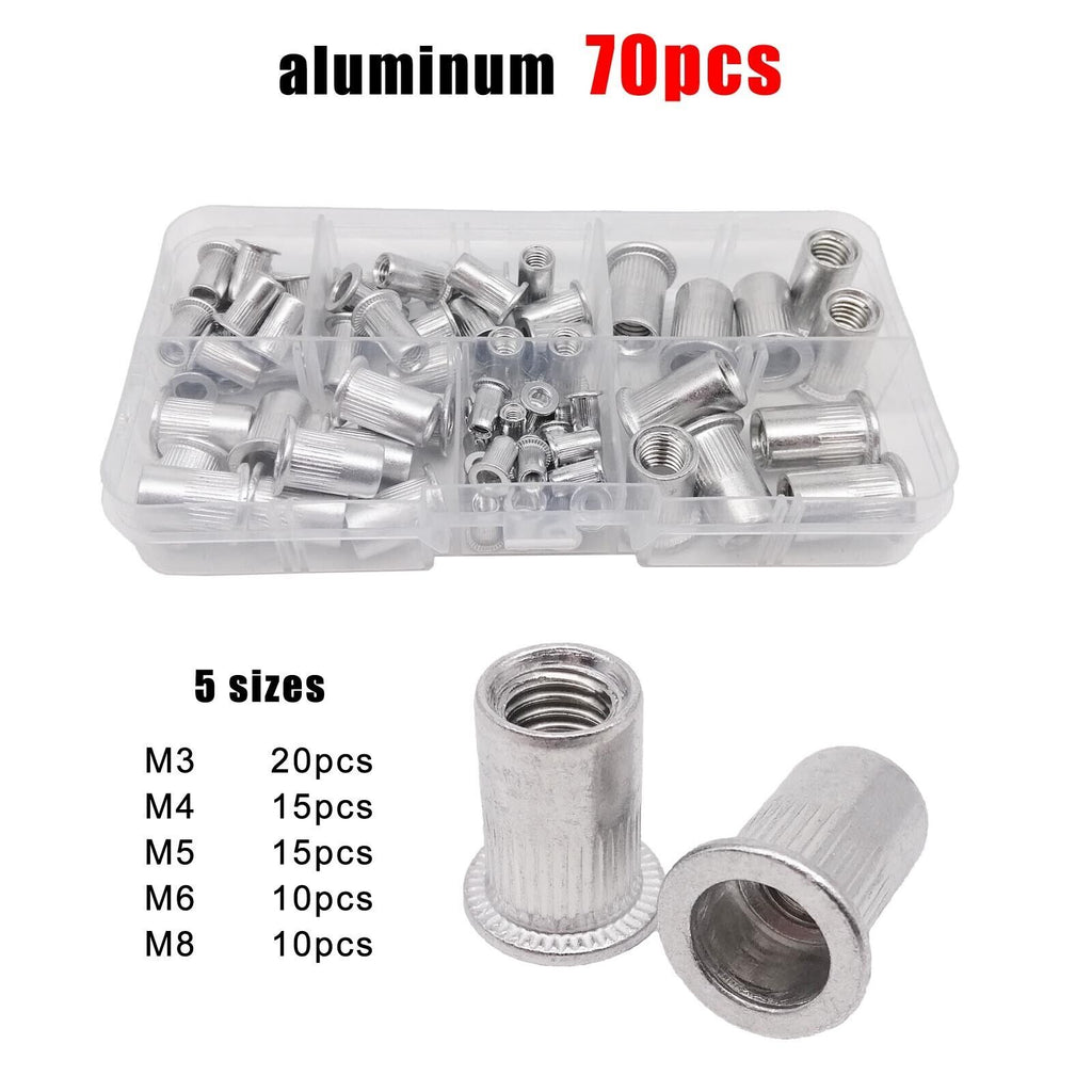 70pcs M3M4M5M6M8 Aluminum Flat Head Rivet Nut Insert Rivnut Assortment Set Kit